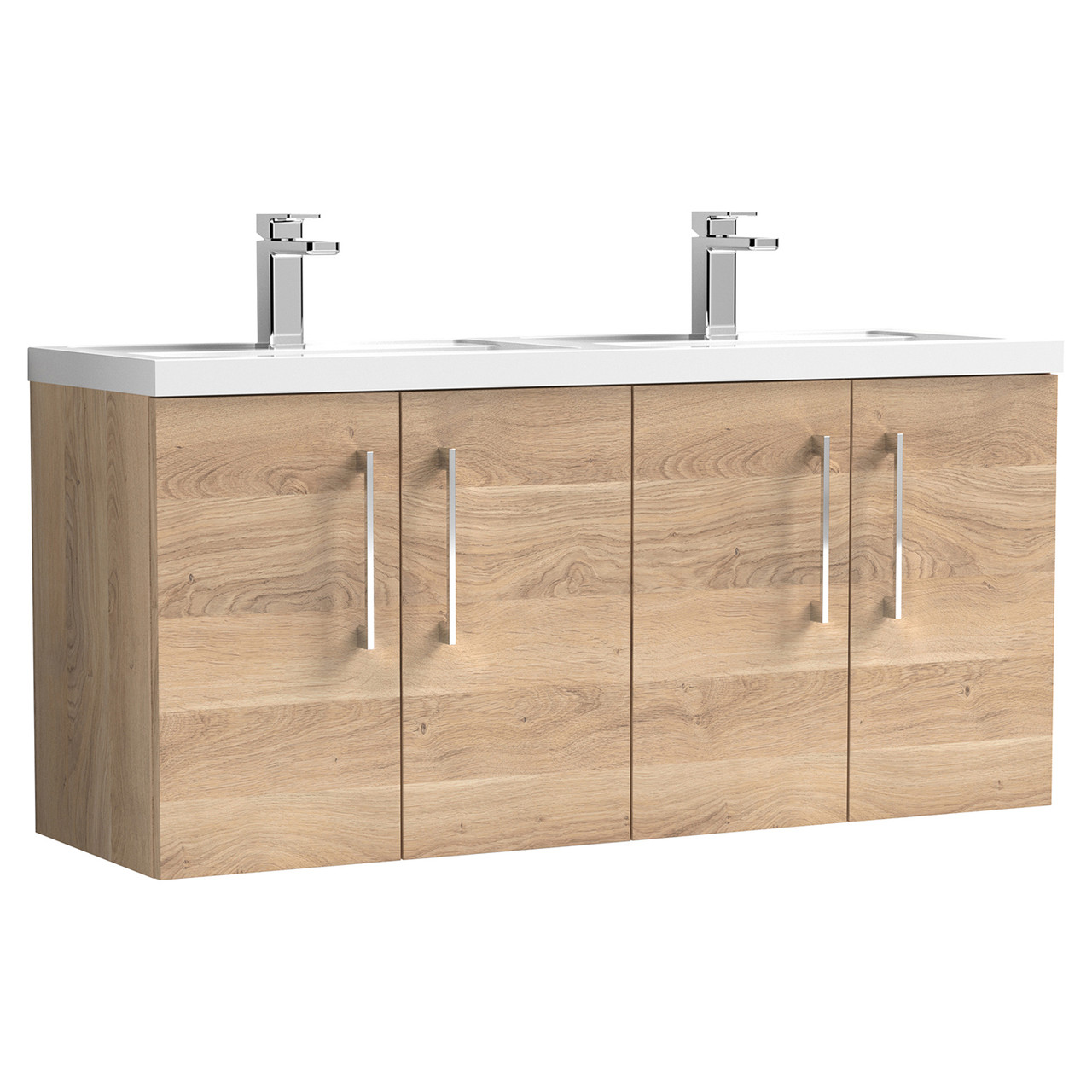 Nuie Arno Woodgrain Wall Hung 4 Door Vanity Unit and Double Polymarble Basins