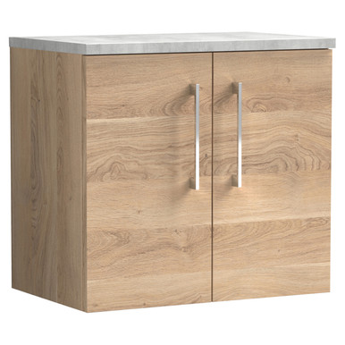 Nuie Bleached Oak Arno Woodgrain Wall Hung 2 Door Vanity Unit With Bellato Grey Worktop | | Mfc | 600Mm