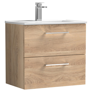 Nuie Bleached Oak Arno Woodgrain Wall Hung Drawer Vanity Unit And Minimalist Ceramic Basin | | Mfc | 600Mm Size 2