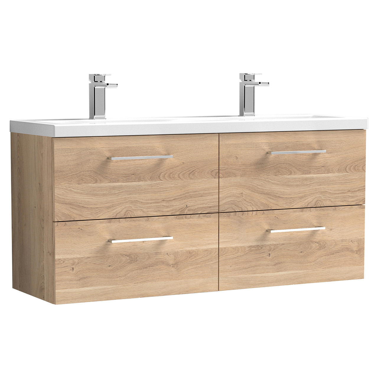 Nuie Arno Woodgrain Wall Hung 4 Drawer Vanity Unit with Double Ceramic Basins