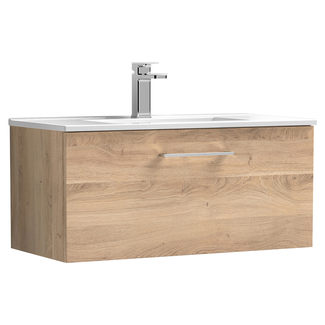 Nuie Arno Woodgrain Wall Hung Single Drawer Vanity Unit and Minimalist Ceramic Basin