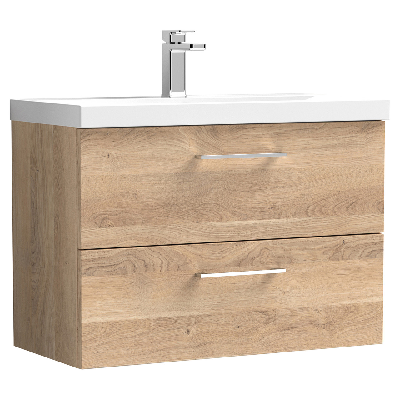 Nuie Arno Woodgrain Wall Hung 2 Drawer Vanity Unit and Mid Edge Ceramic Basin