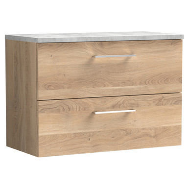Nuie Bleached Oak Arno Woodgrain Wall Hung 2 Drawer Vanity Unit With Bellato Grey Worktop | | Mfc | 800Mm
