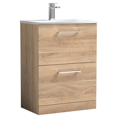 Nuie Bleached Oak Arno Woodgrain Drawer Vanity Unit And Curved Ceramic Basin | | Mfc | 600Mm Size 2