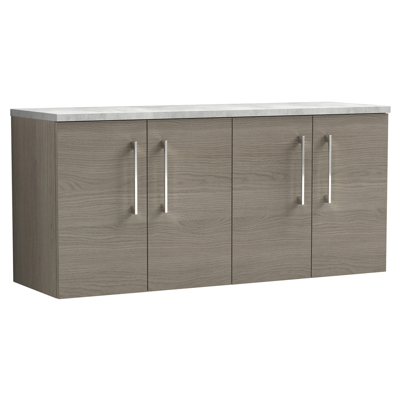 Nuie Arno Woodgrain Wall Hung 4 Door Vanity Unit with Bellato Grey Worktop