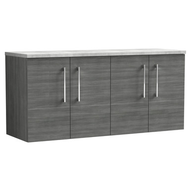 Nuie Anthracite Arno Woodgrain Wall Hung 4 Door Vanity Unit With Bellato Grey Worktop | | Mfc | 1200Mm