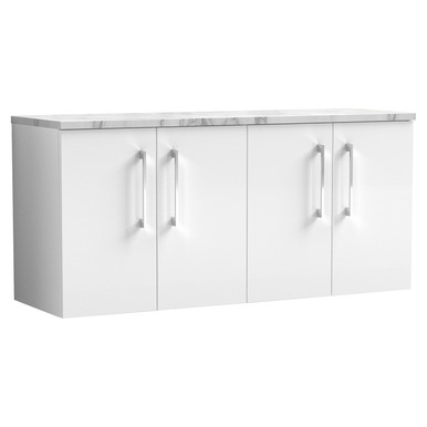 Nuie Gloss White Arno Wall Hung 4 Door Vanity Unit With Carrera Marble Laminate Worktop | | Mfc | 1200Mm