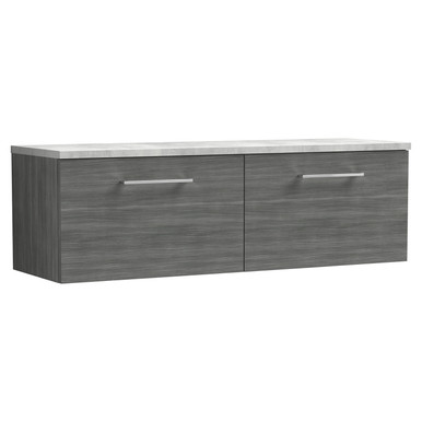 Nuie Anthracite Arno Woodgrain Wall Hung 2 Drawer Vanity Unit With Bellato Grey Worktop | | Mfc | 1200Mm