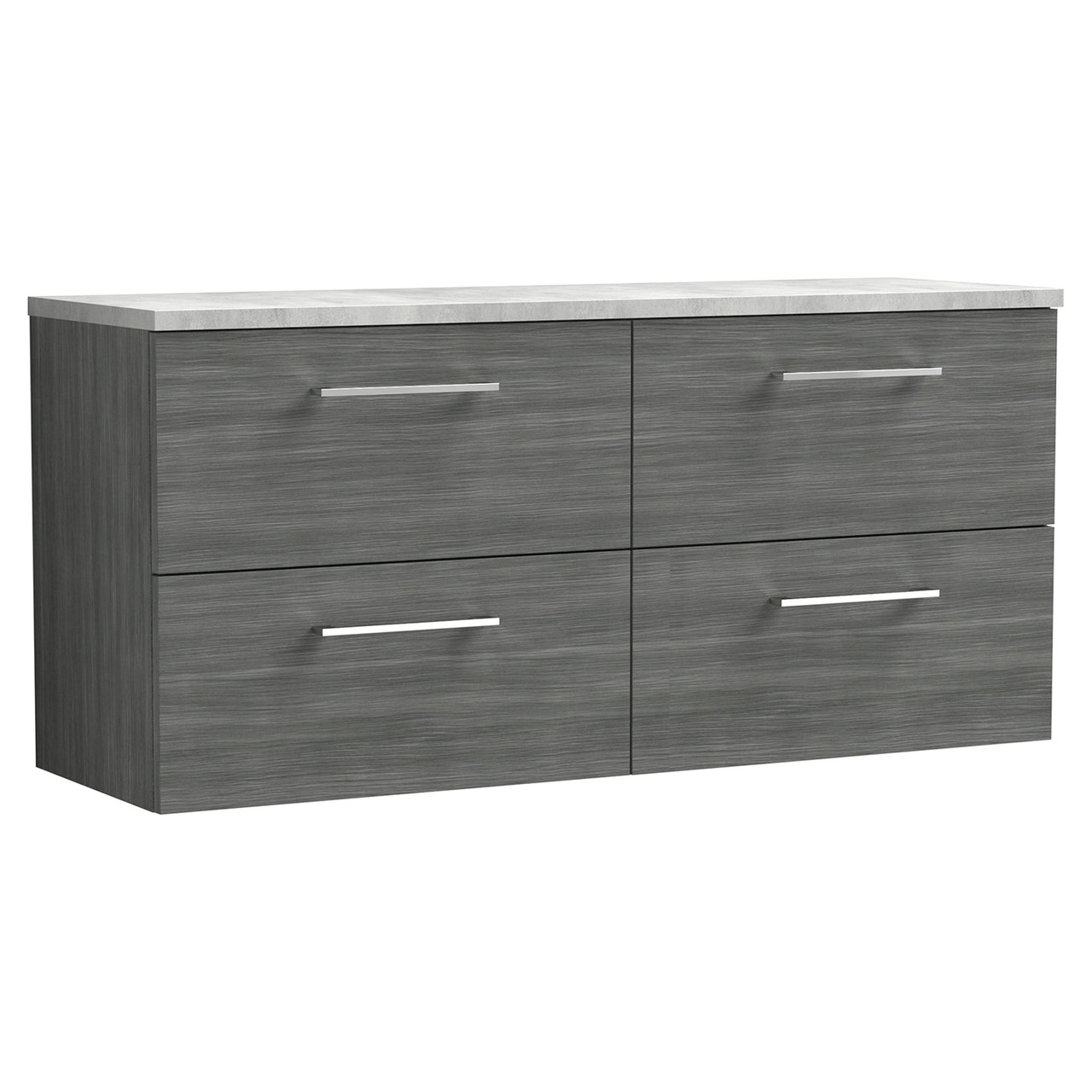 Nuie Arno Woodgrain Wall Hung 4 Drawer Vanity Unit with Bellato Grey Worktop