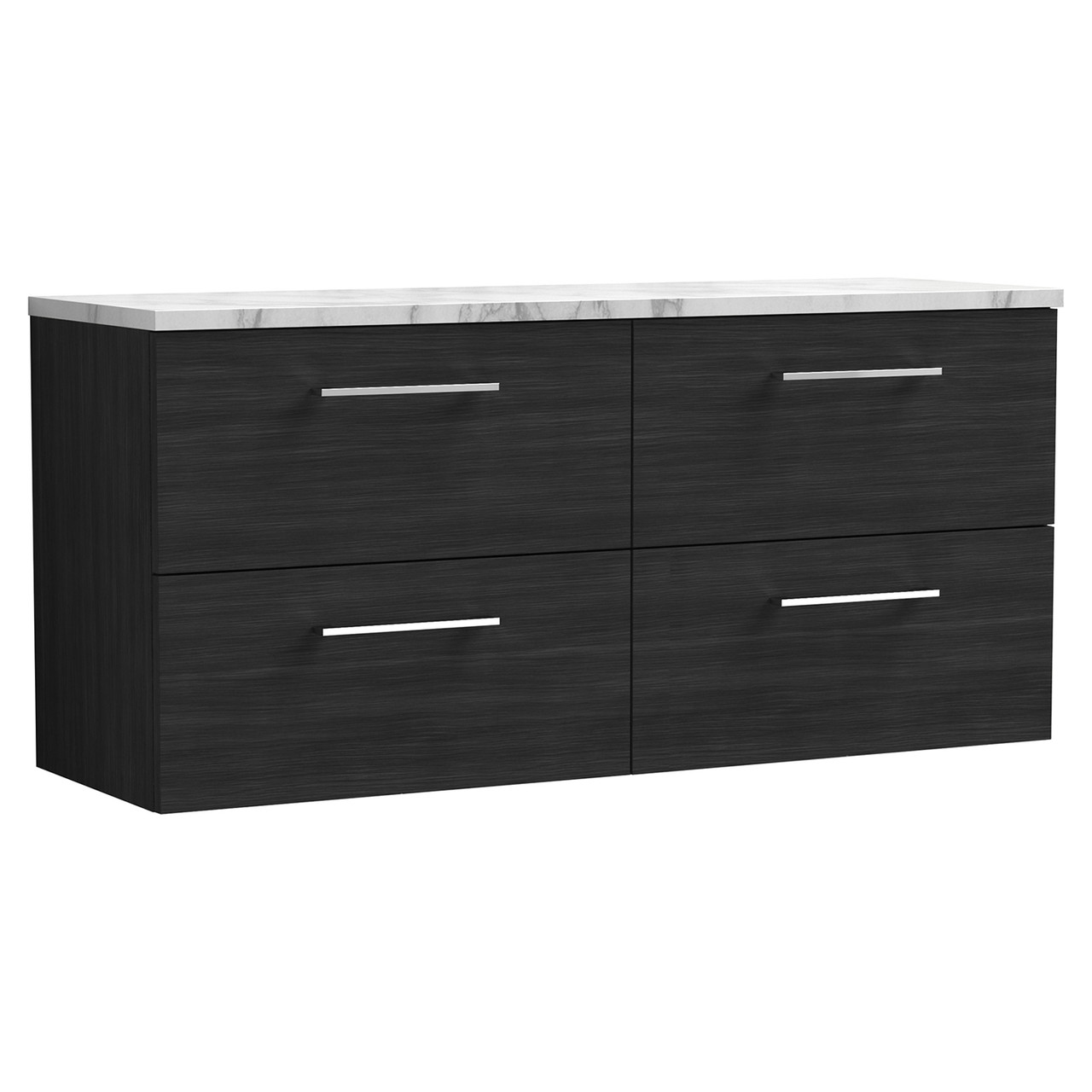 Nuie Arno Woodgrain Wall Hung 4 Drawer Vanity Unit with Carrera Marble Laminate Worktop