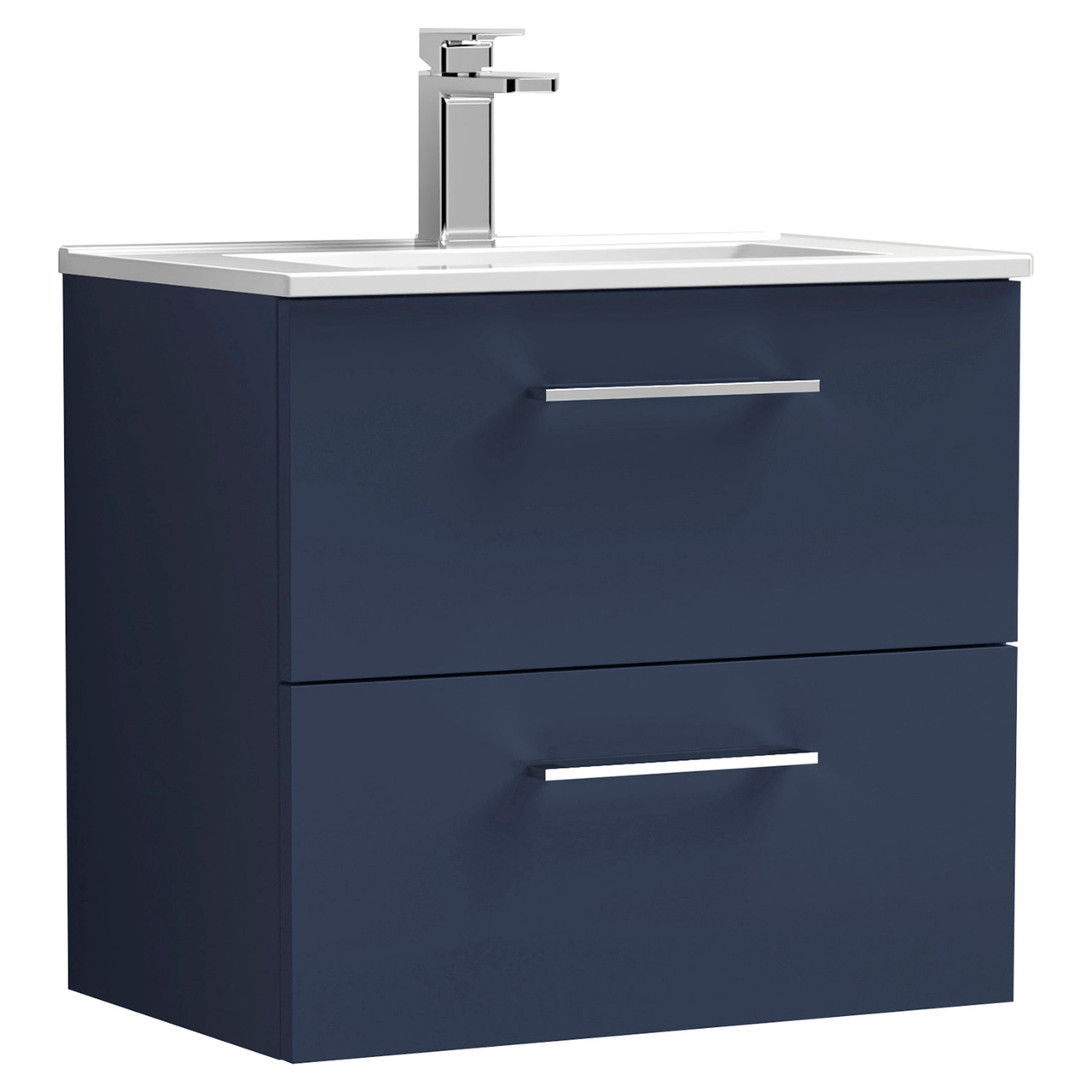 Nuie Arno Satin Wall Hung 2 Drawer Vanity Unit and Minimalist Ceramic Basin