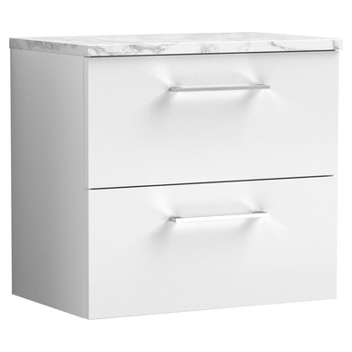 Nuie Gloss White Arno Wall Hung 2 Drawer Vanity Unit With Carrera Marble Laminate Worktop | | Mfc | 600Mm