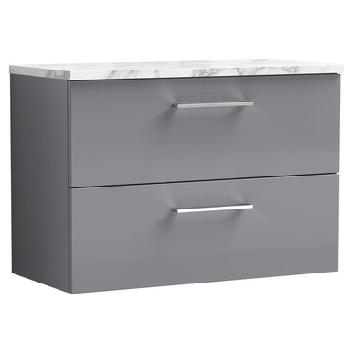 Nuie Satin Grey Arno Wall Hung 2 Drawer Vanity Unit With Carrera Marble Laminate Worktop | | Mfc | 800Mm