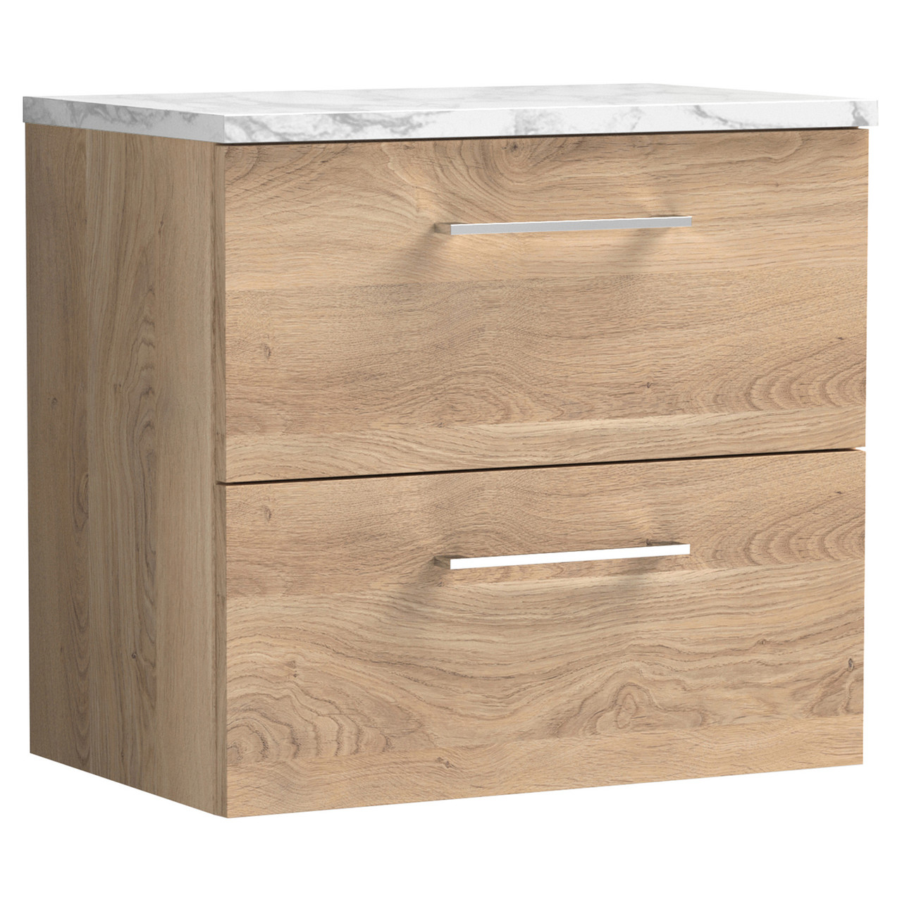 Nuie Arno Woodgrain Wall Hung 2 Drawer Vanity Unit with Carrera Marble Laminate Worktop