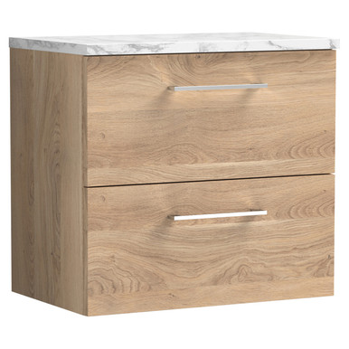 Nuie Bleached Oak Arno Woodgrain Wall Hung Drawer Vanity Unit With Carrera Marble Laminate Worktop | | Mfc | 600Mm Size 2