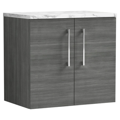Nuie Anthracite Arno Woodgrain Wall Hung 2 Door Vanity Unit With Carrera Marble Laminate Worktop | | Mfc | 600Mm