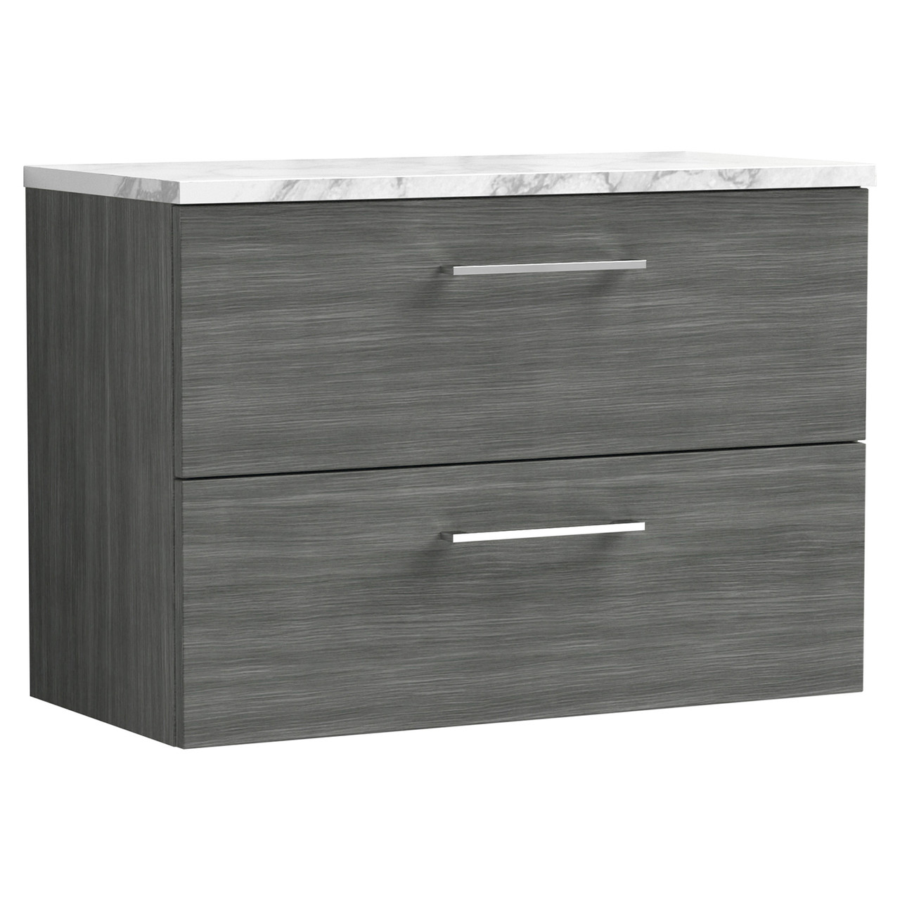 Nuie Arno Woodgrain Wall Hung 2 Drawer Vanity Unit with Carrera Marble Laminate Worktop