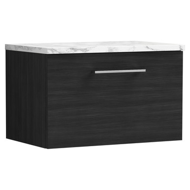 Nuie Charcoal Black Arno Woodgrain Wall Hung Single Drawer Vanity Unit With Carrera Marble Laminate Worktop | | Mfc | 600Mm