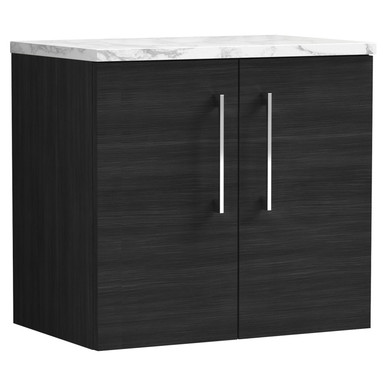 Nuie Charcoal Black Arno Woodgrain Wall Hung 2 Door Vanity Unit With Carrera Marble Laminate Worktop | | Mfc | 600Mm