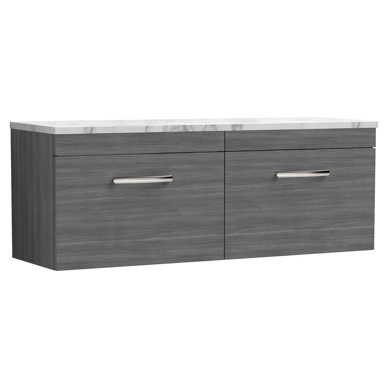 Nuie Athena Woodgrain Wall Hung 2 Drawer Vanity Unit with Carrera Marble Laminate Worktop