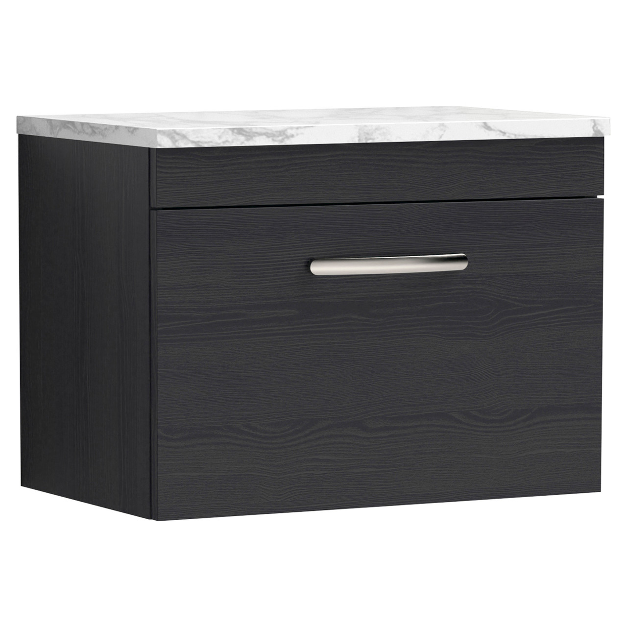 Nuie Charcoal Black Athena Woodgrain Wall Hung Single Drawer Vanity Unit With Carrera Marble Laminate Worktop | | Mfc | 600Mm