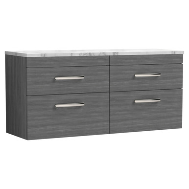 Nuie Anthracite Athena Woodgrain Wall Hung 4 Drawer Vanity Unit With Carrera Marble Laminate Worktop | | Mfc | 1200Mm