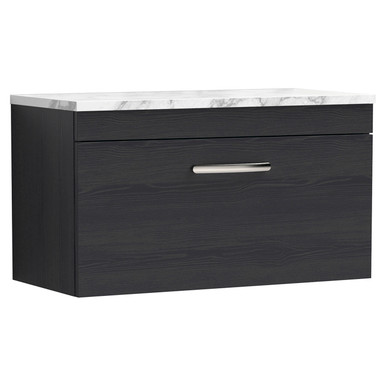Nuie Charcoal Black Athena Woodgrain Wall Hung Single Drawer Vanity Unit With Carrera Marble Laminate Worktop | | Mfc | 800Mm