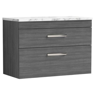 Nuie Anthracite Athena Woodgrain Wall Hung 2 Drawer Vanity Unit With Carrera Marble Laminate Worktop | | Mfc | 800Mm