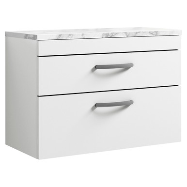Nuie Gloss White Athena Wall Hung 2 Drawer Vanity Unit With Carrera Marble Laminate Worktop | | Mfc | 800Mm