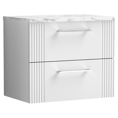Nuie Satin White Deco Wall Hung Drawer Vanity Unit With Carrera Marble Laminate Worktop | | Mfc | 600Mm Size 2