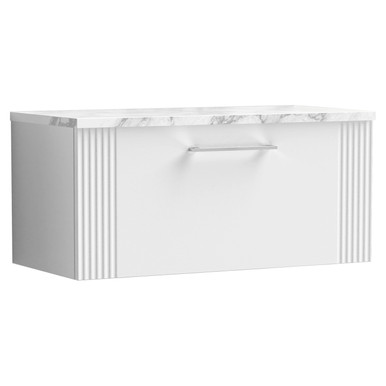 Nuie Satin White Deco Wall Hung Single Drawer Vanity Unit With Carrera Marble Laminate Worktop | | Mfc | 800Mm