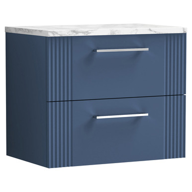 Nuie Satin Blue Deco Wall Hung Drawer Vanity Unit With Carrera Marble Laminate Worktop | | Mfc | 600Mm Size 2