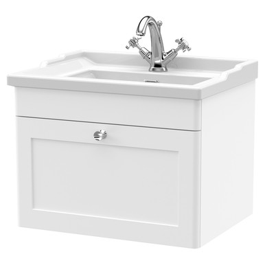 Nuie Satin White Classique Wall Hung Single Drawer Vanity Unit And 35Mm Profile Traditional Basin | | Mfc | 600Mm Size 5