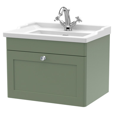 Nuie Satin Green Classique Wall Hung Single Drawer Vanity Unit And 35Mm Profile Traditional Basin | | Mfc | 600Mm Size 5