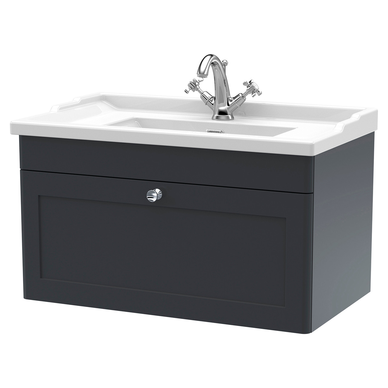 Nuie Classique Satin Wall Hung Single Drawer Vanity Unit and 35mm Profile Traditional Basin