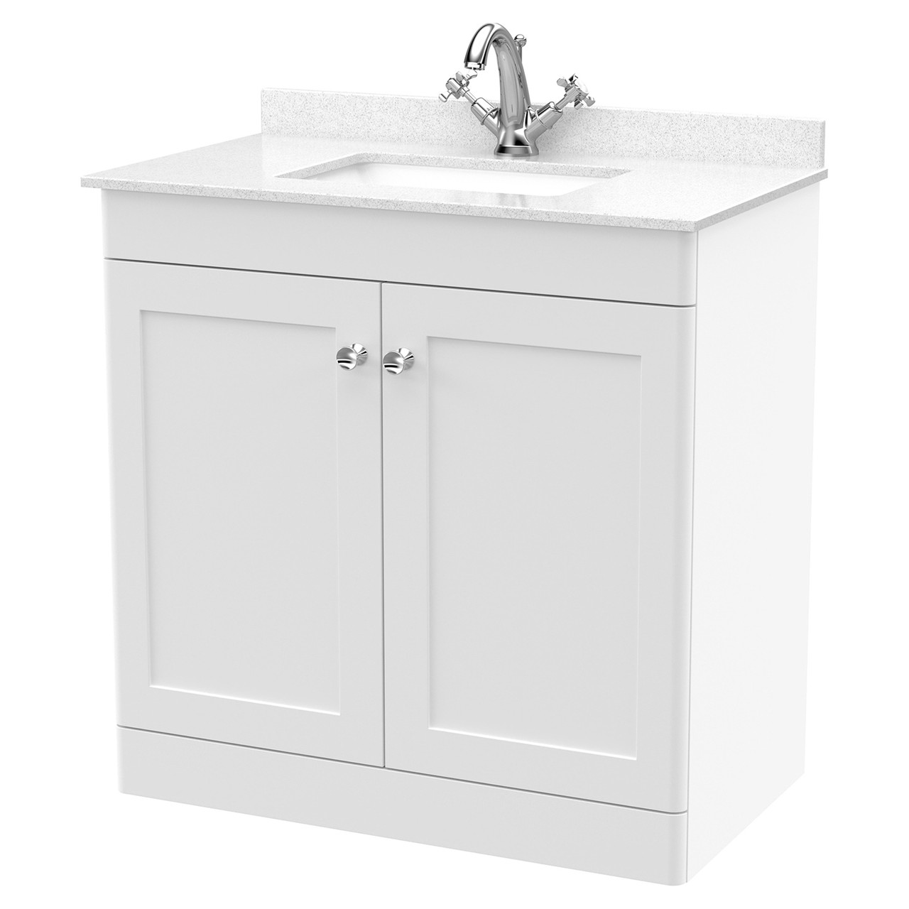 Nuie Classique 2 Door Vanity Unit with White Marble Countertop and Square Basin with 1 Tap Hole