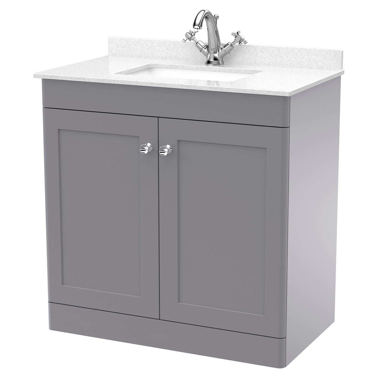 Nuie Classique 2 Door Vanity Unit with White Marble Countertop and Square Basin with 1 Tap Hole