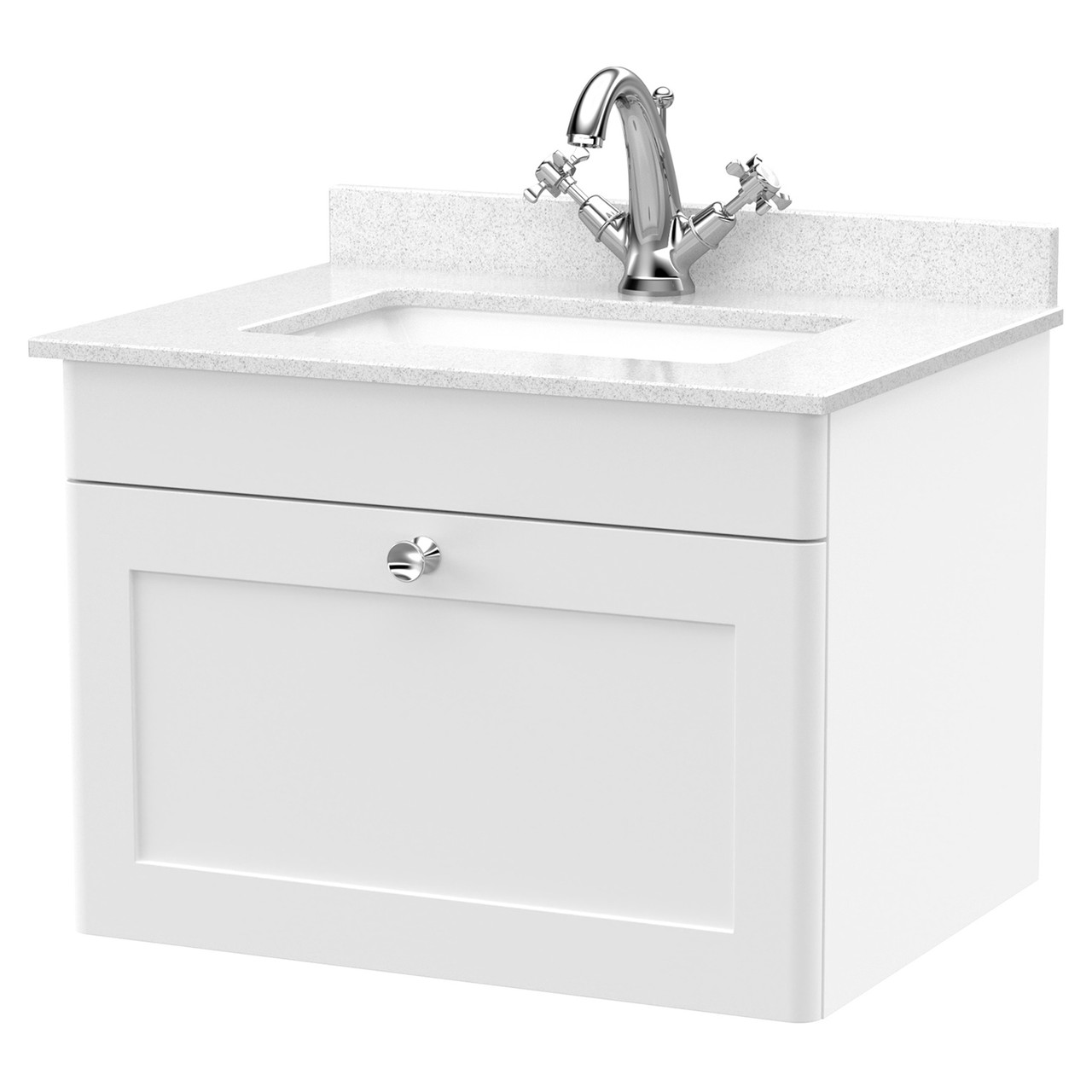 Nuie Classique Wall Hung Single Drawer Vanity Unit with White Marble Countertop and Square Basin with 1 Tap Hole