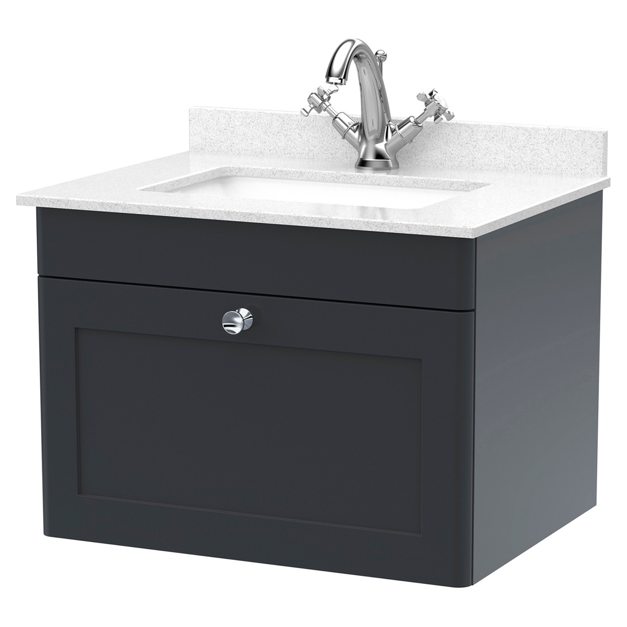 Nuie Classique Satin Wall Hung Single Drawer Vanity Unit with White Marble Countertop and Square Basin with 1 Tap Hole