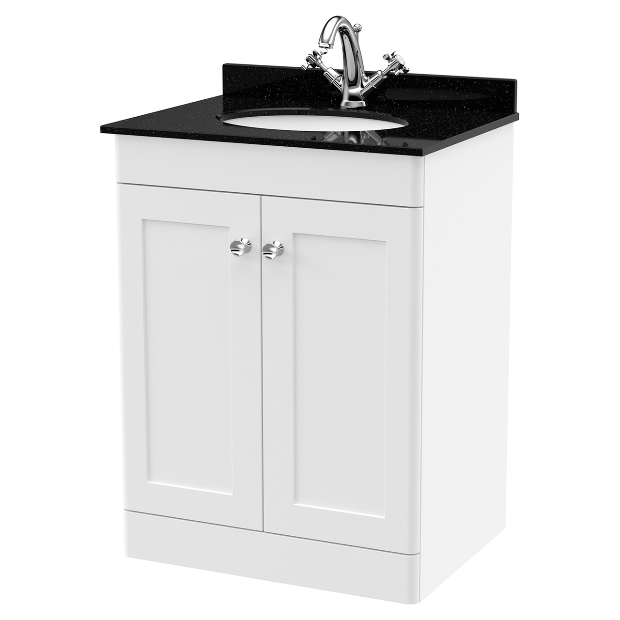 Nuie Classique 2 Door Vanity Unit with Black Marble Countertop and Round Basin with 1 Tap Hole