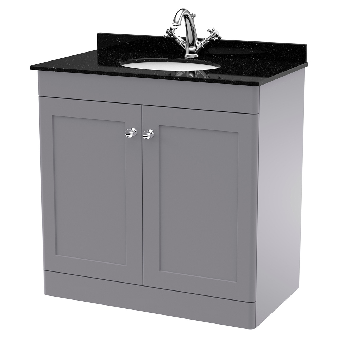 Nuie Classique 2 Door Vanity Unit with Black Marble Countertop and Round Basin with 1 Tap Hole