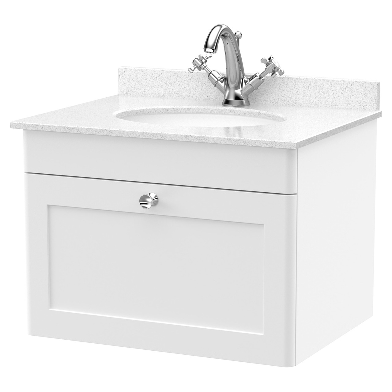 Nuie Classique Wall Hung Single Drawer Vanity Unit with White Marble Countertop and Round Basin with 1 Tap Hole
