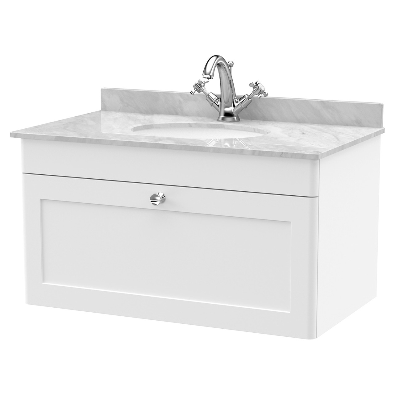 Nuie Classique Wall Hung Single Drawer Vanity Unit with Grey Marble Countertop and Round Basin with 1 Tap Hole