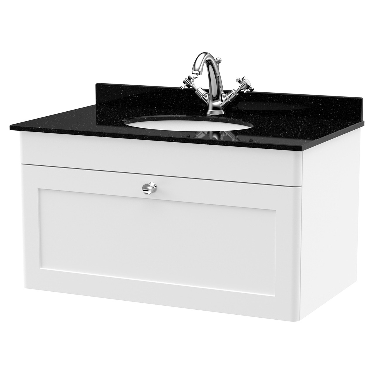 Nuie Classique Wall Hung Single Drawer Vanity Unit with Black Marble Countertop and Round Basin with 1 Tap Hole
