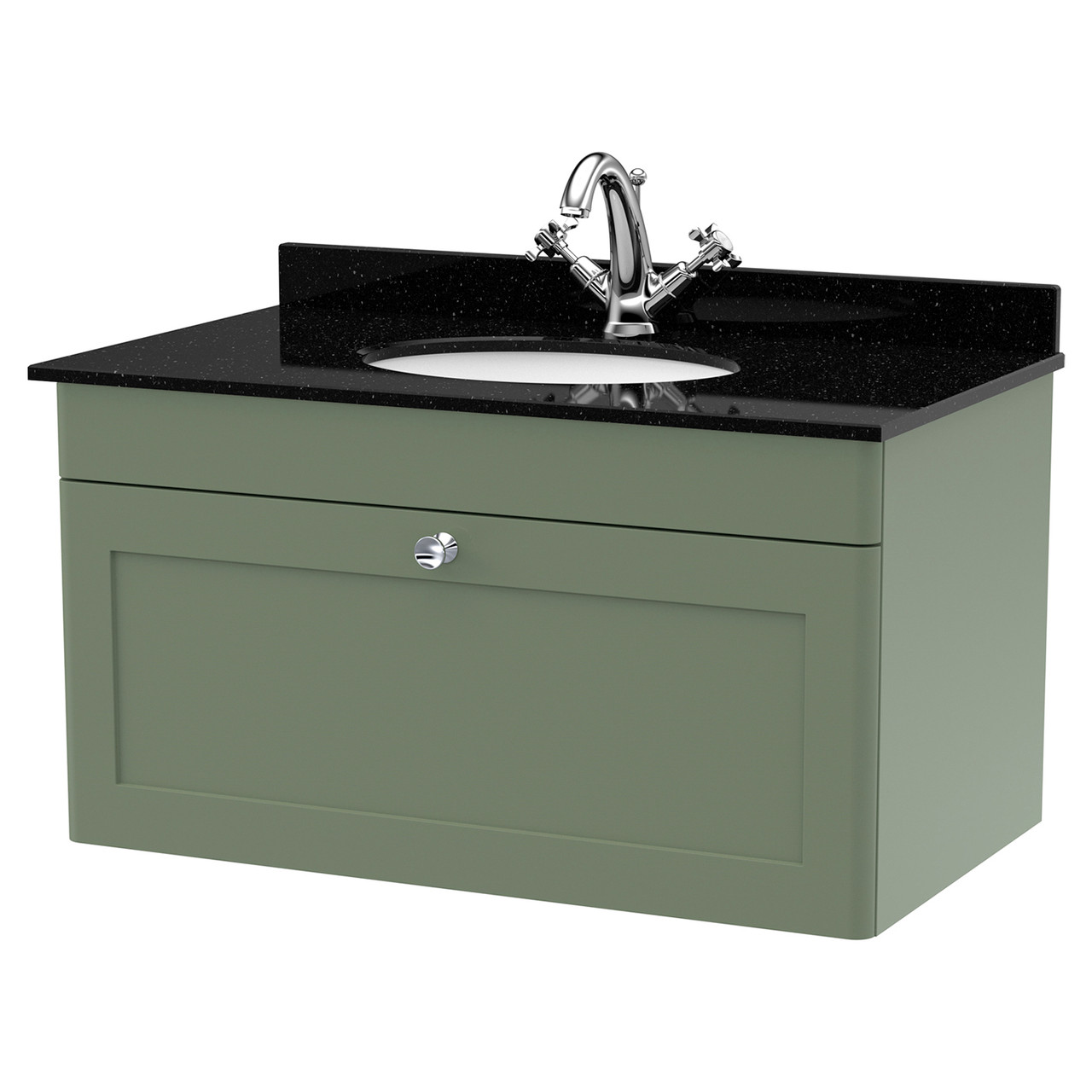 Nuie Classique Wall Hung Single Drawer Vanity Unit with Black Marble Countertop and Round Basin with 1 Tap Hole