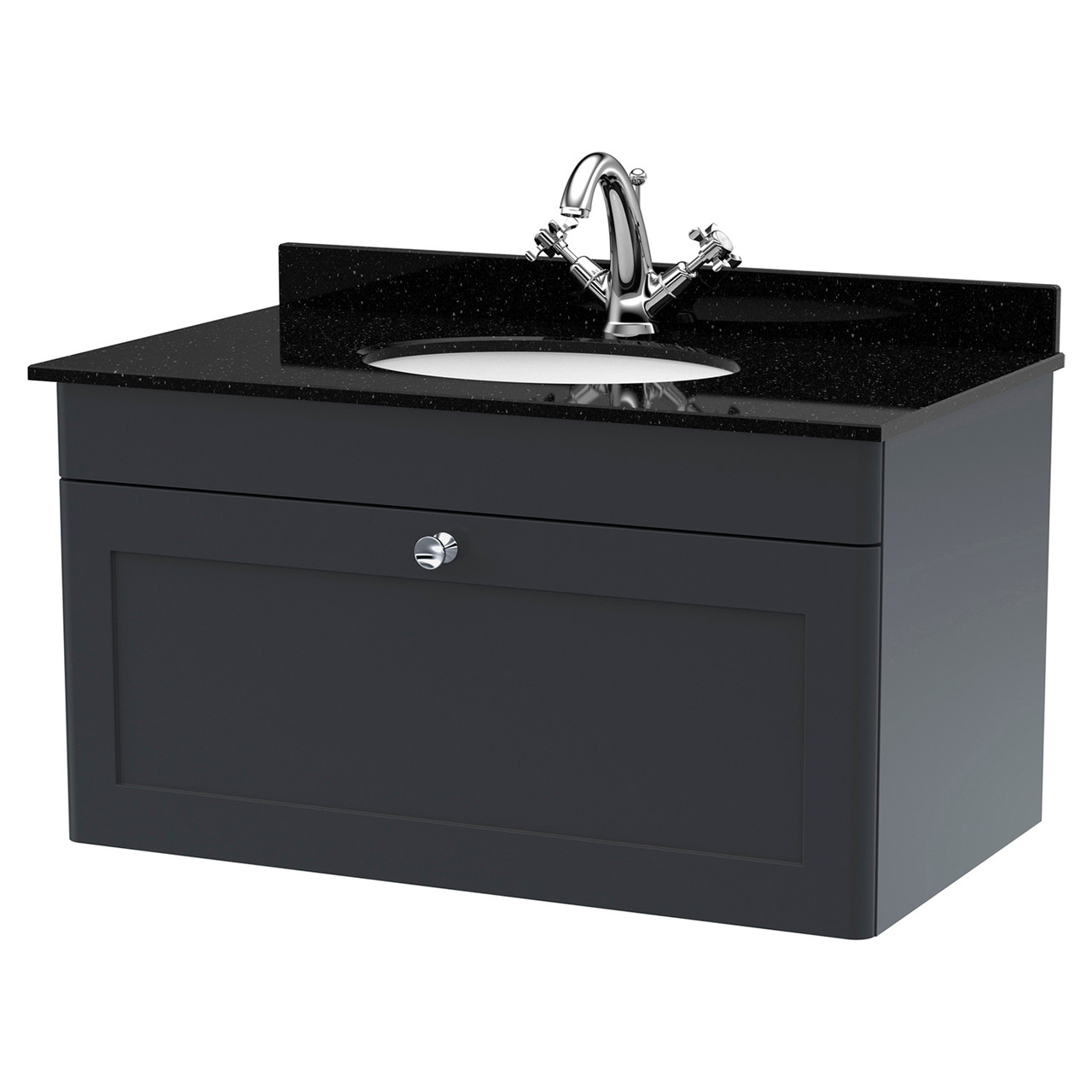 Nuie Classique Satin Wall Hung Single Drawer Vanity Unit with Black Marble Countertop and Round Basin with 1 Tap Hole