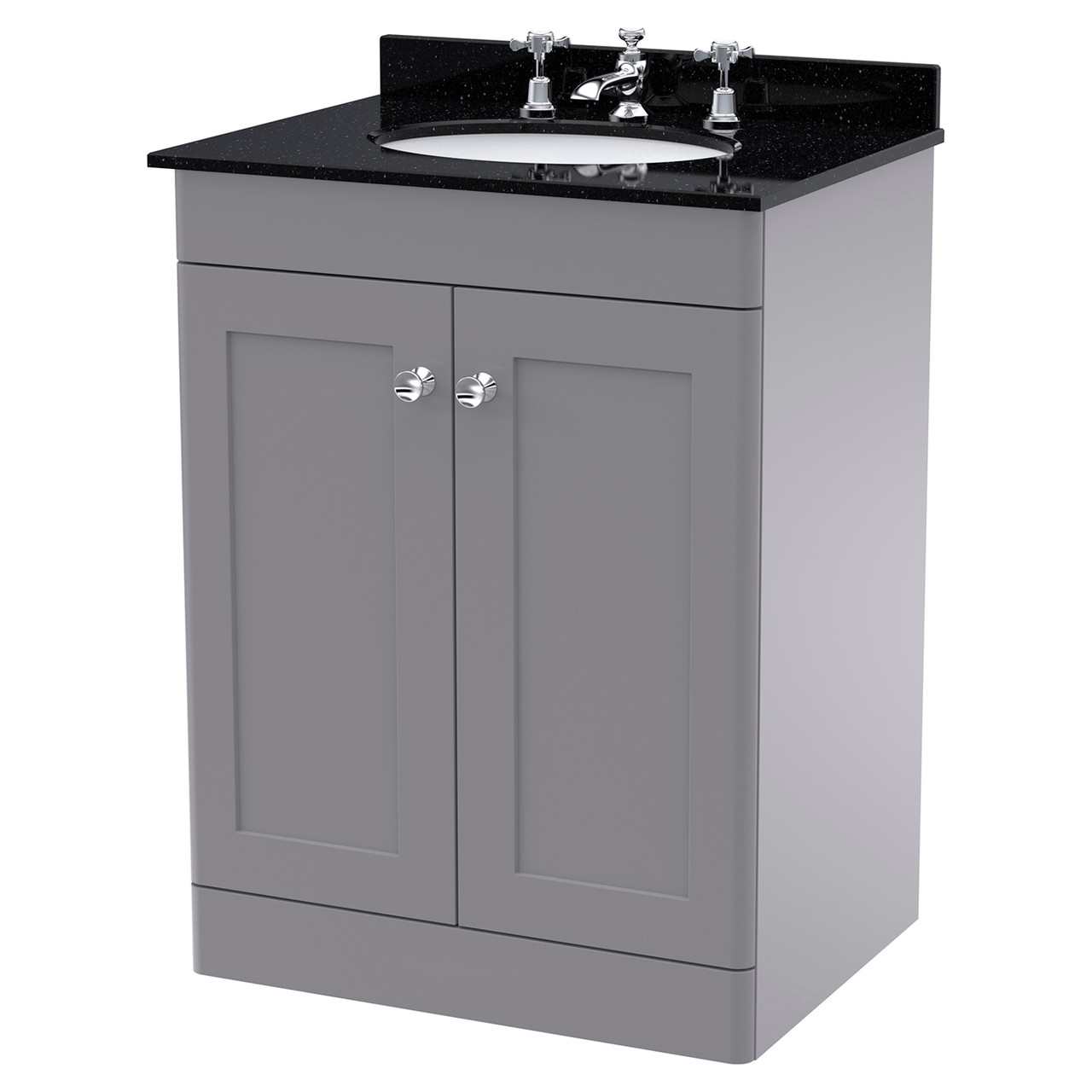 Nuie Classique 2 Door Vanity Unit with Black Marble Countertop and Round Basin with 3 Tap Holes