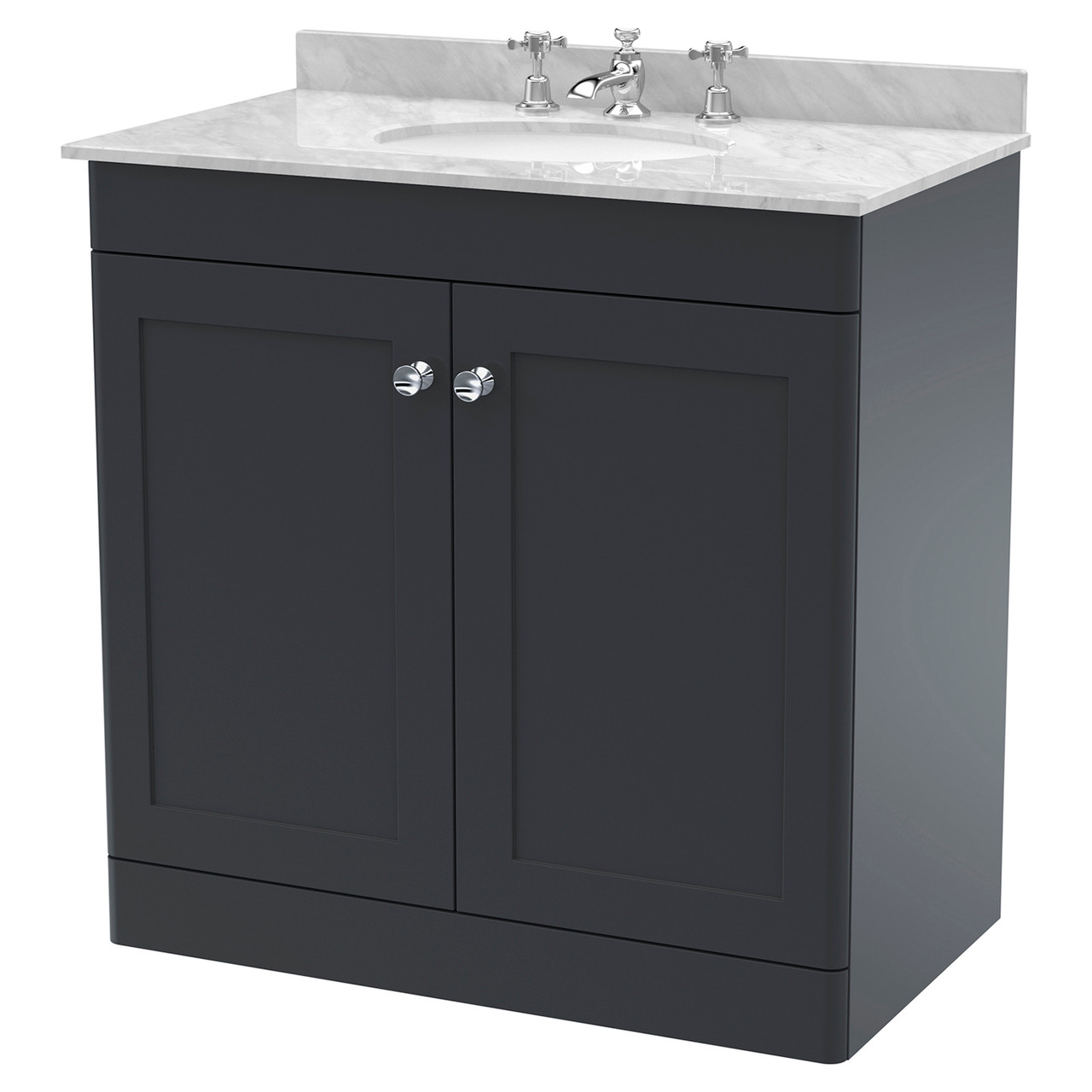 Nuie Classique Satin 2 Door Vanity Unit with Grey Marble Countertop and Round Basin with 3 Tap Holes