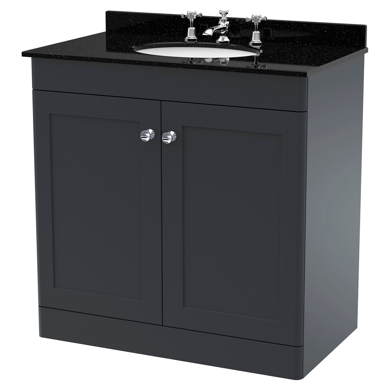 Nuie Classique Satin 2 Door Vanity Unit with Black Marble Countertop and Round Basin with 3 Tap Holes