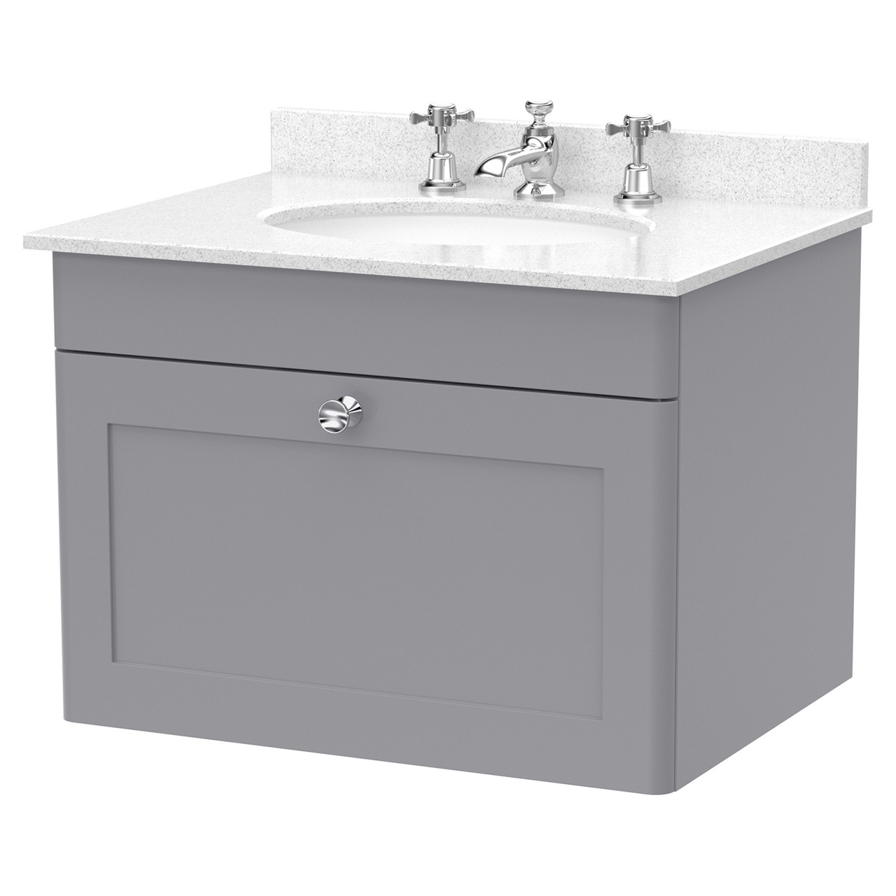 Nuie Classique Wall Hung Single Drawer Vanity Unit with White Marble Countertop and Round Basin with 3 Tap Holes